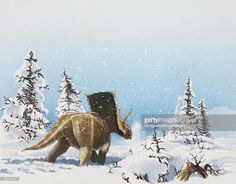 an artist's rendering of a trilops walking through the snow with trees in the background