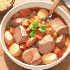 a bowl full of soup with meat and vegetables