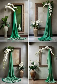 four different pictures of flowers in vases on the floor and one with a green cloth draped over it