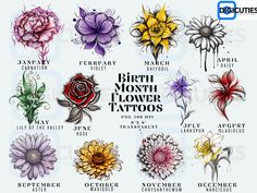 the birth month flower tattoos are available in different colors and designs, including red, yellow, purple, green