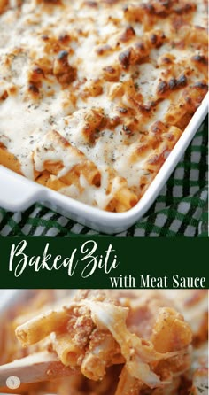 baked biti pasta with meat sauce in a casserole dish