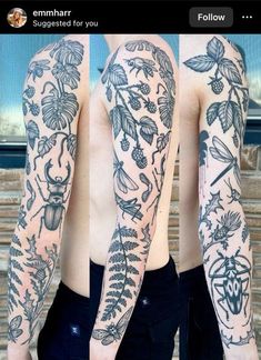 two pictures of the same person with tattoos on their arms and shoulder, one showing an insect