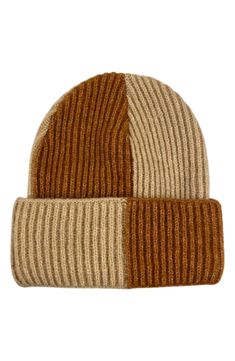 a brown and beige hat with two different colors on the front, one is made out of