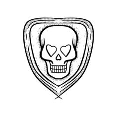 a black and white drawing of a skull with two hearts on it's forehead