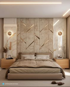 a modern bedroom with marble walls and flooring