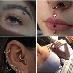 four pictures of different types of piercings on the side of women's faces