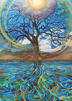 a painting of a tree in the middle of water with a sun shining above it