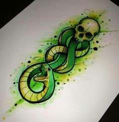 a drawing of two green snakes with skulls on the sides and one snake in the middle