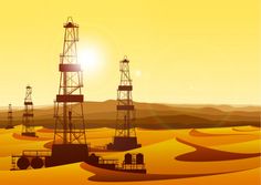 oil drilling rigs in the desert at sunset - landscapes nature objects, illustration art