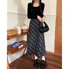 Olivia Mark - Houndstooth Long Midi Skirt Winter Thickened with Fleece, Designed by Meirad Houndstooth Skirt Outfit, Midi Skirt Winter, Black Plaid Skirt, Long Midi Skirt, Skirt Winter, Long Skirt Outfits, Winter Skirt Outfit, Long Midi, Houndstooth Skirt