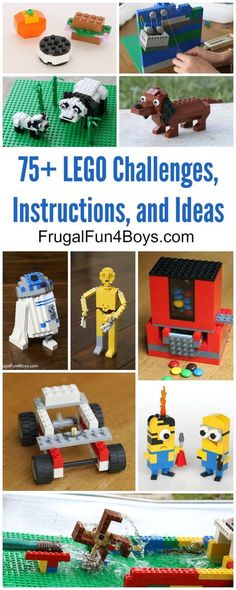 legos and other toys are shown with the title 75 lego challenges, instructions, and ideas