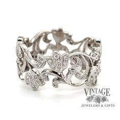 .24ct diamond floral motif 18kw gold ring — Vintage Jewelers & Gifts, LLC. Vintage Diamond Bands, Easter Lilies, Filigree Diamond Ring, Antique Wedding Bands, Bohemian Garden, Ring Inspiration, Plain Wedding Band, Vintage Jewellery Rings, Diamond Anniversary Bands