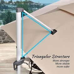 an umbrella is attached to a pole on a deck with the words triangular structure more strong, more stable and more safer