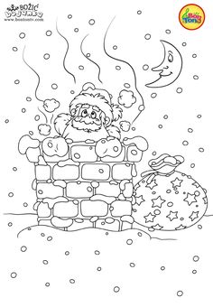 santa claus is sitting in his chimney while the moon shines brightly above him coloring page