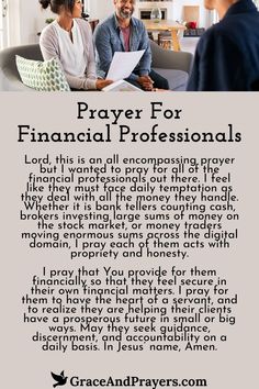 a man and woman sitting on a couch talking to each other with the words prayer for financial professionals