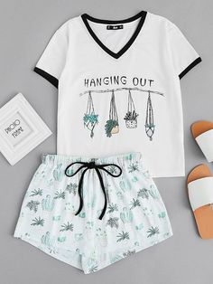 Kawaii Sleepwear, Shorts Pajama Set, Shirt And Shorts, Trendy Swimwear