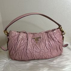 Preloved Prada Napa Stitches Comes With Authenticity Card Hobo Pochette 1 Interior Pocket Gold Hardware Light Pink In Color Some Scuffing In The Outer 7x12 Inches #5 Velvet Handbag, Prada Pink, Prada Bags, Bag Organization, Hand Bags, Arm Candy, Prada Bag, Gold Hardware, Dream Closet