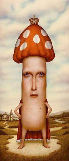 a painting of a person standing in front of a mushroom with a crown on it's head