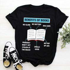 a t - shirt with the words benefits of books and an open book on it