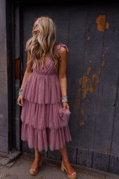 Boho Ballerina Tiered Tulle Dress - Mauve | Three Bird Nest Boho Semi Formal Dresses, Pastel Wedding Guest Dress, Boho Holiday Outfits, Flowy Purple Dress, Boho Formal Dress, Boho Cocktail Dress, Boho Wedding Guest Dress, Formal Dresses Knee Length, Tiered Tulle Dress