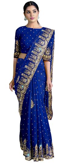 Bridal, Wedding Blue color Saree in Georgette fabric with Classic Stone work : 1739344 Fitted Blue Pre-draped Saree With Intricate Embroidery, Blue Pre-draped Saree With Intricate Embroidery For Diwali, Festive Blue Wedding Pre-draped Saree, Party Blue Pre-draped Saree With Intricate Embroidery, Fitted Blue Pre-draped Saree For Festive Occasions, Blue Georgette Pre-draped Saree With Pallu, Bollywood Style Blue Pre-draped Saree With Resham Embroidery, Unstitched Blue Pre-draped Saree With Intricate Embroidery, Elegant Blue Pre-draped Saree For Festive Occasions