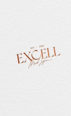 the words excell are written in gold ink on white paper with an orange and black background