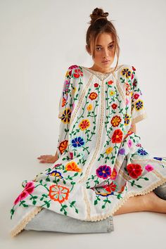 Bella Flor Embroidered Kaftan | Free People Floral Fashion Aesthetic, Clothing Repurpose, Kaftan Jacket, Boho Decorating, Embroidered Caftan, Embroidered Kaftan, Artsy Outfit, Hand Embroidered Flowers, People Clothes