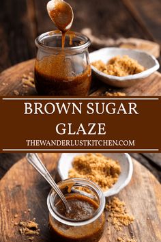 brown sugar glaze is being poured into a glass jar with spoons on the side