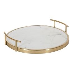 a white marble and gold metal tray with two handles on the bottom, one is round