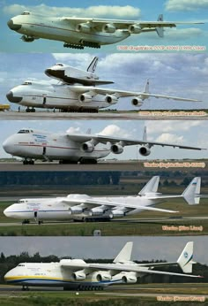 four different types of jetliners sitting on top of each other