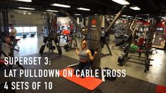 a group of people in a gym doing squats on exercise equipment with the words, superstaret 3 lat pulldown on cable cross 4 sets of 10