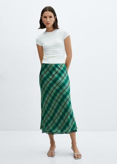 Printed midi skirt - Woman | MANGO USA Midi Skirt Green, Check Skirt, Printed Midi Skirt, Total Look, Dress Shapes, Mid Dresses, Green Skirt, Women Skirts Midi, Material Design