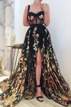 Simple Long Prom Dresses Lace Cheap Slit Party Gowns Evening Dress - Maxi Bridal Simple Long Prom Dresses, Party Gowns Evening Dresses, Party Gowns Evening, Floral Print Prom Dress, Simple Prom Dress Long, Printed Prom Dresses, Long Prom Dresses, Prom Dresses Lace