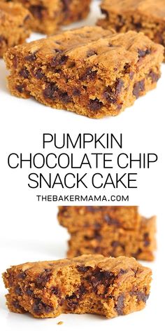 pumpkin chocolate chip snack cake is cut in half and stacked on top of each other