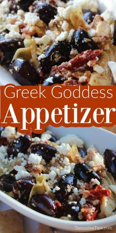 greek goddess appetizer with olives and feta cheese in a white bowl