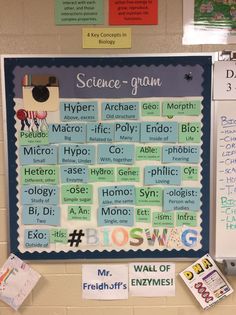 a bulletin board with words and pictures on it