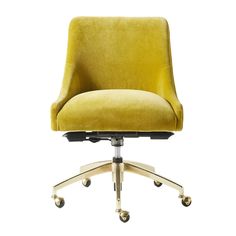 a yellow office chair sitting on top of a white floor