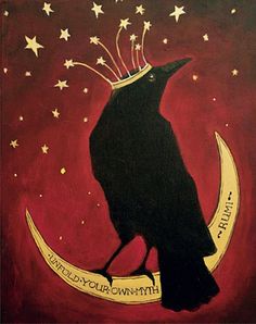 a painting of a black bird with a crown on it's head sitting on the moon