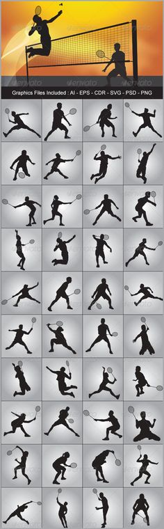 the silhouettes of people playing volleyball in different poses and positions, all on one sheet