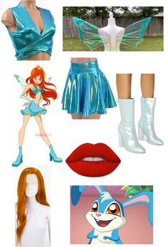 a collage of different outfits and accessories including shoes, wigs, lips, boots