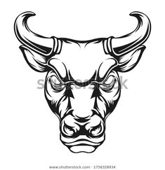 an angry bull's head in black and white on a white background, with long horns