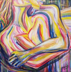 an abstract painting of a woman with her arms crossed and hands folded over her chest