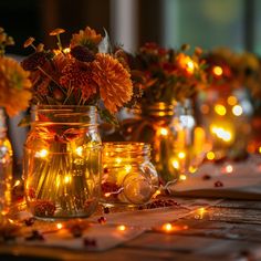 mason jars filled with flowers and lights on a table