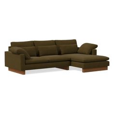 a brown sectional couch with pillows on the top and bottom corner, in front of a white background