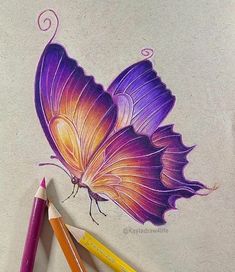 a drawing of a butterfly with colored pencils next to it