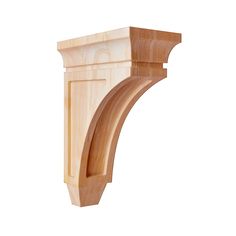 an unfinished wooden shelf bracket on a white background