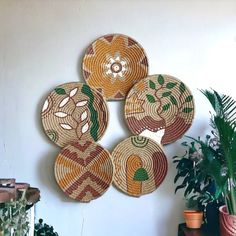 four woven baskets are hanging on the wall next to potted plants and a planter