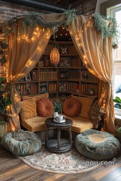 a living room filled with lots of furniture and lights on the walls above it's bookshelf