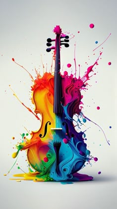 an artistic violin with colorful paint splattered on it's back and sides