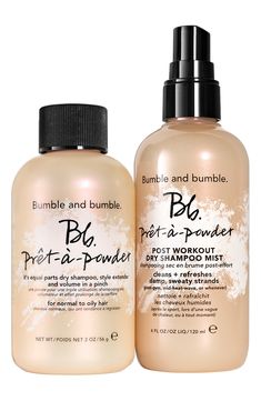 What it is: A limited-edition set of two innovative, non-aerosol dry shampoos from the Prêt-à-powder collection that absorb oil and give a quick-fix clean.Who it's for: All hair types seeking a refreshing, quick clean.Set includes:- Prêt-à-powder Dry Shampoo (2 oz.): a dry shampoo, style extender and volumizer that gives style a refresh by offering strong oil absorption and a volume boost at the crown- Prêt-à-powder Post Workout Dry Shampoo Mist (4 oz.): a quick-drying, dual-phase liquid hair mi Liquid Hair, Second Day Hairstyles, Hair Mist, Bumble And Bumble, Holiday Gift Sets, Squeeze Bottles, Shampoos, Blow Dry, All Hair Types